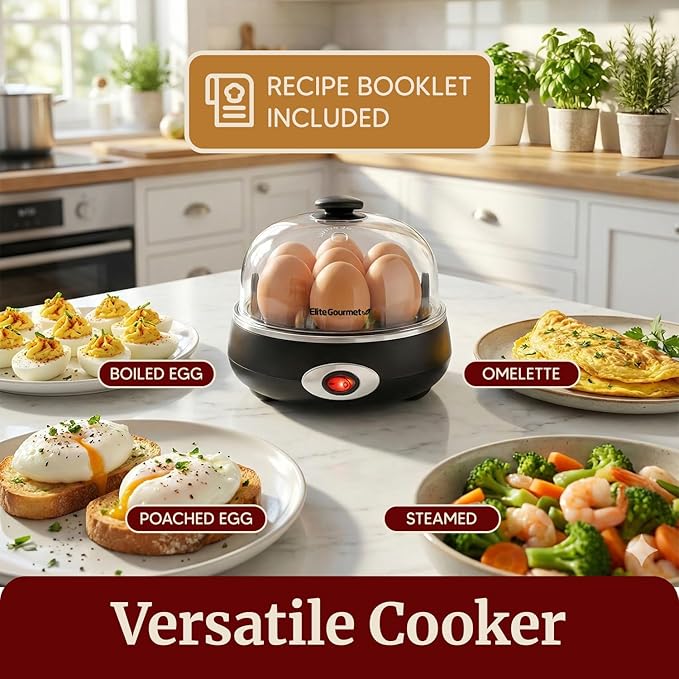 Elite Gourmet EGC007CHC# Rapid Egg Cooker, 7 Easy-To-Peel, Hard, Medium, Soft Boiled Eggs, Poacher, Omelet Maker, Auto Shut-Off, Alarm, 16-Recipe Booklet, Charcoal Grey