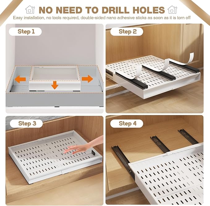 Seinloes 2 Pack Pull Out Cabinet Organizer With Raising Pad for Framed Cabinets,Expandable Width (13"-21") and Depth (17"-24"),3 Slide Rails Slide Out Drawers with Handle,No-Drill Roll Out Shelf,White