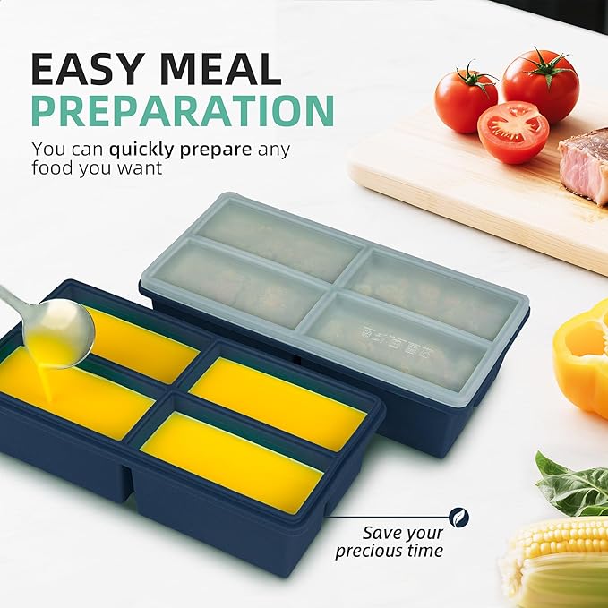 Silicone Freezer Molds for Soup with Lid - 1 Cup Capacity Soup Freezer Container, Large Ice Cube Mold - With Reinforced Steel Ring Top Lid, Oven and Dishwasher Safe, Meal Prep & Food Storage - 2-Pack