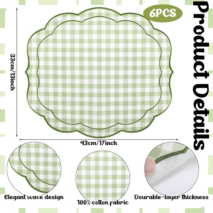 Breling Set of 6 Green Gingham Placemats Scalloped Embroidered Cotton Linen Placemats 17" x 13" Double Layered Machine Washable Table Place Mat for Wedding Birthday Baby Shower Party Table Decor