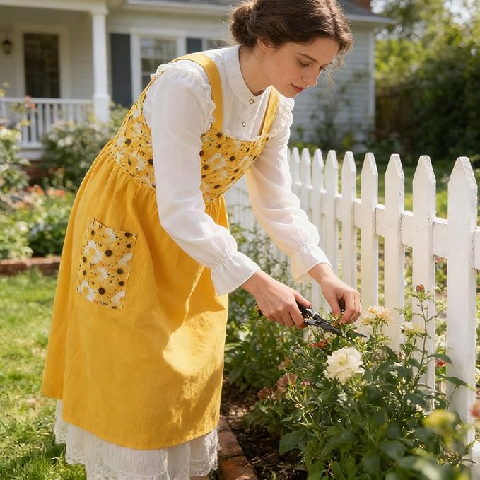 Uaussi Cotton Linen Apron Cross Back Work Apron for Women with Pockets Pinafore Dress X Cross Halter Apron for Chef Gardening