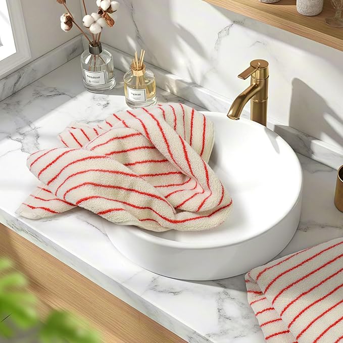 Jacquotha Striped Hand Towels Set of 2, Vintage Bathroom & Kitchen Decor, Guest Use, Soft Gentle for Adults Kids, Natural Cotton, 14” x 29”, Coral Red