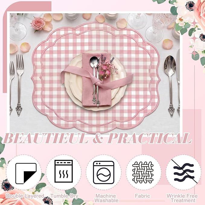 Breling Set of 6 Pink Gingham Placemats Scalloped Embroidered Cotton Linen Placemats 17" x 13" Double Layered Machine Washable Table Place Mat for Wedding Birthday Baby Shower Party Table Decor