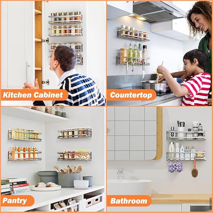 Bunoxea Spice Rack wall mounted 2 Pack, Space-Saving Spice Organizer for Spice Jars and Seasonings,Screw or Adhesive Hanging Spice Rack Organizer for Your Kitchen Cabinet,or Pantry Door,Silver