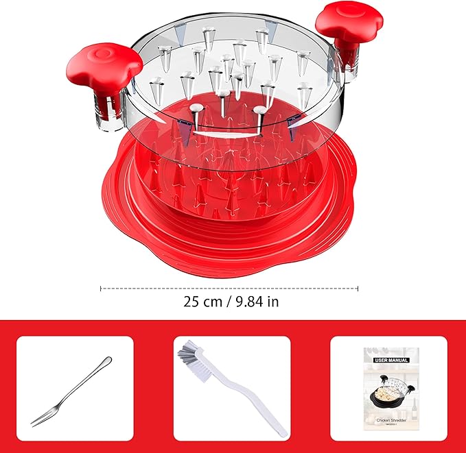 SURETIVIAN Chicken Shredder Large Chicken Breast Shredder Tool Twist with Brush&Fork, Visible Meat Shredder Machine, Anti-Slip Strip, Ergonomic Handle, BPA Free, Suitable for Pork Beef Chicken(Red)