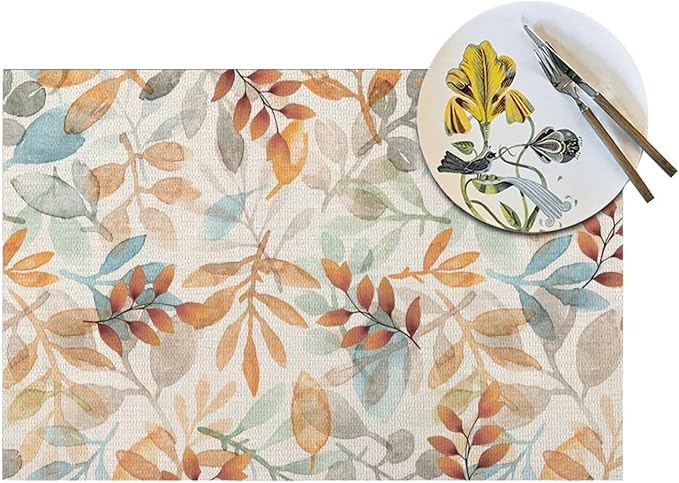 Fall Colourful Leave Placemats 12x18 Inch Set of 4, Beige Eucalyptus Leaves Table Place Mat Seasonal Autumn Washable Table Mats Decorative Linen Fabric Table Mat for Dining Table
