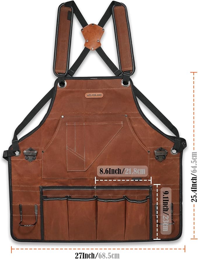 WELKINLAND 11-Pockets Waxed-Canvas Tool Apron, Heavy-Duty Carpenter Apron, Comfy Woodworking Apron, Convenient Workshop Apron, Fully-Adjustable Shop Aprons For Men, Well-Padded Work Aprons For Men
