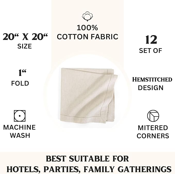 FINGERCRAFT Cloth Napkins, Hemstitch Napkins Cloth, Everyday Use, Premium Quality Cotton Linen Blend Perfect for Parties Dinners Weddings Cocktail Christmas Easter Set of 12, 20 inch Ivory