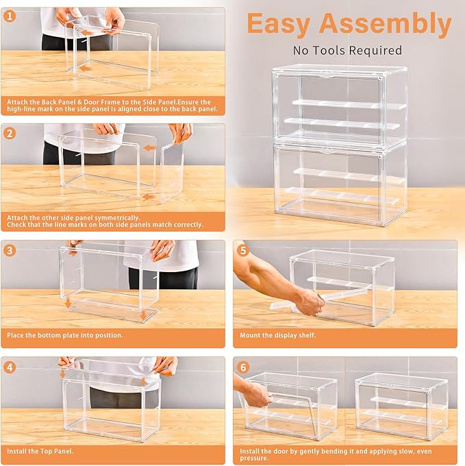 Freebat Clear Acrylic Display Case for Collectibles - 3-Tier Adjustable Figure Display with Magnetic Door & Removable Shelves,Stackable Dispaly box for Figures - 2 Pack