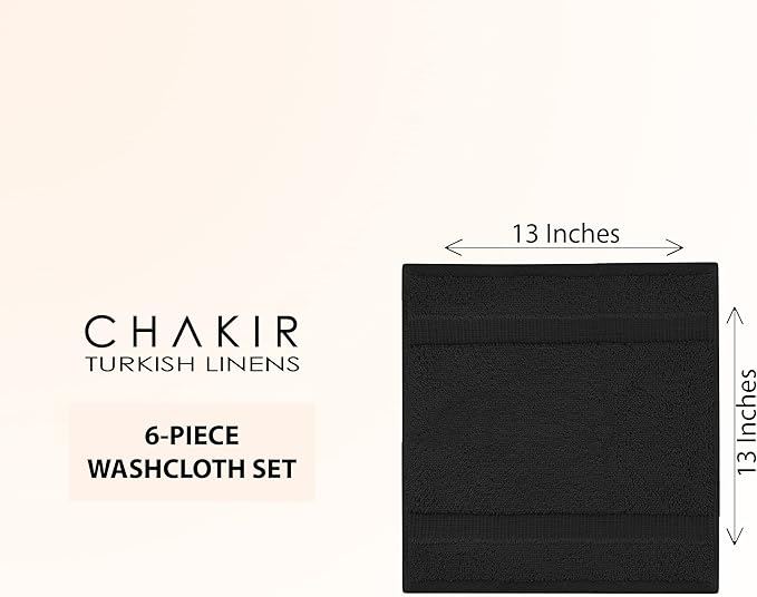 Chakir Turkish Linens 100% Cotton Premium Turkish Towels for Bathroom | 13'' x 13'' (6-Piece Washcloth, Black)