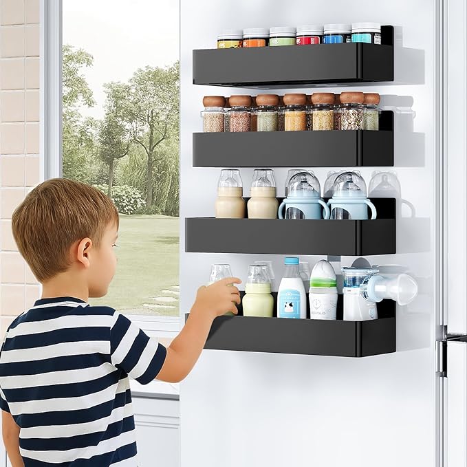 Mystozer Magnetic Spice Rack for Refrigerator, Kitchen Organizer and Storage Shelf, Black (6 Pack)…
