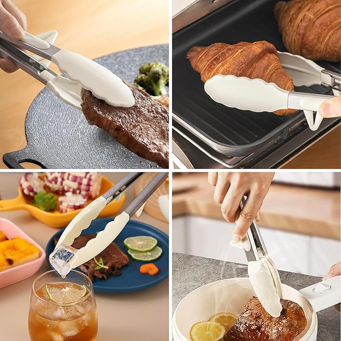 Kitchen Tongs, 9 Inch Tongs for Cooking with Silicone Tips, Food Grade Small Silicone Tongs, Mini Serving Tongs for Nonstick Pans, BBQ, Salad, Set of 3, White