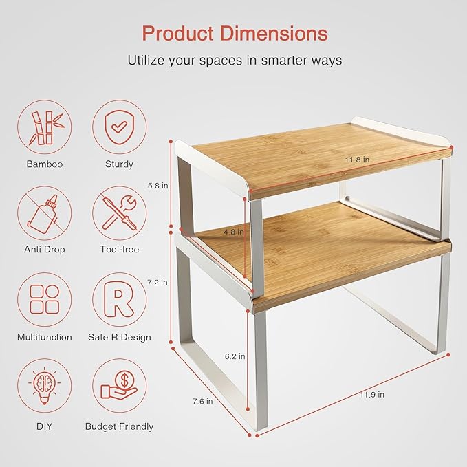 Goozii Kitchen Cabinet Organizer Set of 4, Desk Shelf Riser, Stackable Cabinet Pantry Cupboard Organizer, Kitchen Counter top Shelf, Storage Rack for Spices, Plates, Bamboo Wood, White