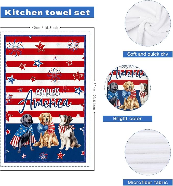 4th of July Patriotic Dog Microfiber Kitchen Towels, Soft Absorbent Independence Day Hand Towel 15.7 × 23.6 inch, Thick Dish Cloth for Party Anniversary Holiday Decoration Housewarming Gifts