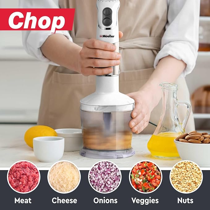 Mueller Multistick 800W 4-in-1 Immersion Blender Handheld, 12 Speed Hand Mixer - Turbo Boost, Heaviest Duty Copper Motor, Titanium Blades Hand Blender, Milk Frother Wand, Whisk, Beaker, Chopper, White