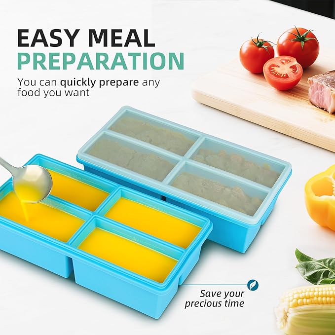 Silicone Freezer Molds for Soup with Lid - 1 Cup Capacity Soup Freezer Container, Large Ice Cube Mold - With Reinforced Steel Ring Top Lid, Oven and Dishwasher Safe, Freeze and Store Food - 2-Pack