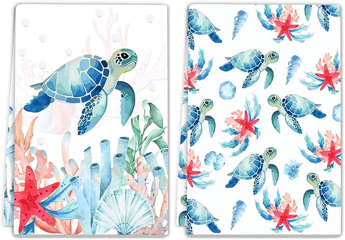 Sea Turtle Ocean Kitchen Towels 2 Pcs Decorative Hand Towel Absorbent with Hanging Loop 16”X 24”
