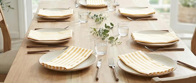 PurpleEssences Plain Striped Cloth Napkins - Set of 12-100% Cotton - 18 x 18 Inch - Spring Easter Summer and Perfect Everyday Use Dinner Napkin - Golden Yellow White