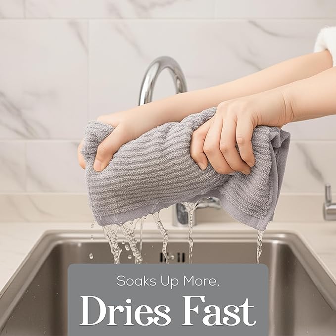 MosJos Kitchen Towels, Cotton Hand Towels, Grey and White Vine Ribbed Hand Drying Cloth Set of 4 Absorbent Hand Towels, 18 x 28 Kitchen Linens