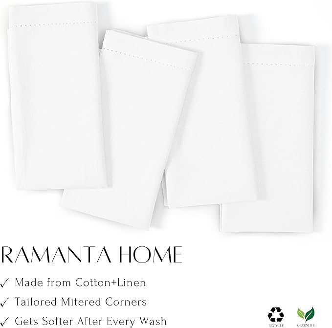 Ramanta Home Decorative Cloth Dinner Napkins Set of 12, 20x20 Inch White Hemstitched Flax Cotton Napkins with Mitered Corners, Oversized Use, Parties, Weddings, Spring, Easter Cloth Napkins