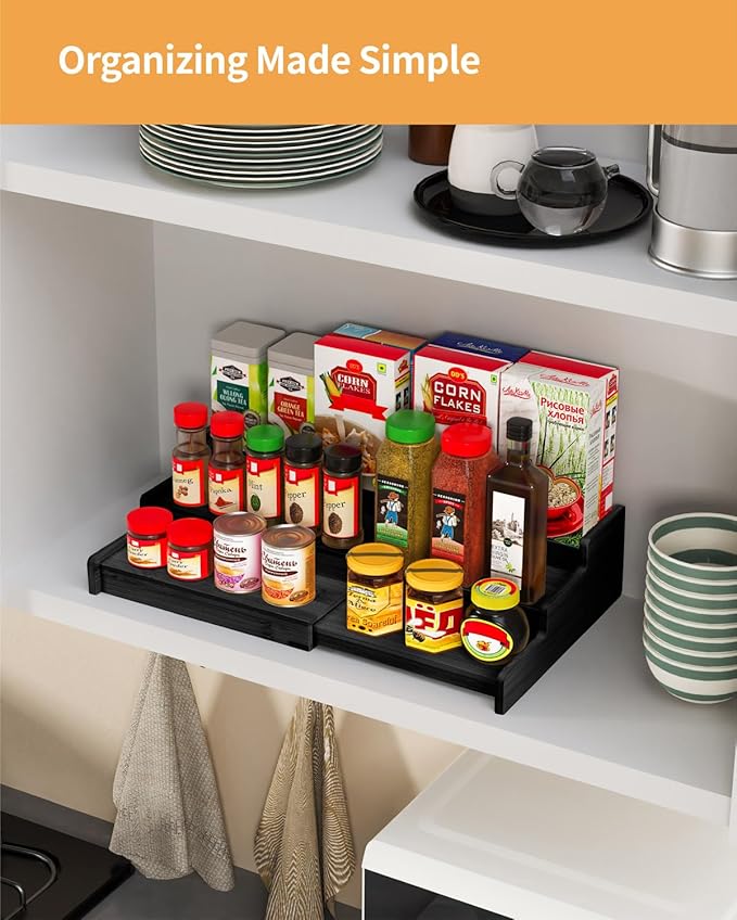 VenDotbi Spice Rack, 3-Tier Expandable Bamboo Spice Rack Organizer for Cabinet - Kitchen, Pantry and Cupboard Storage Organizer-Black