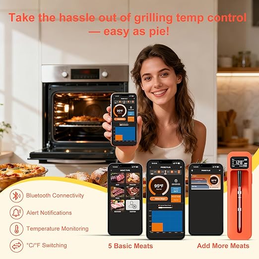 Smart Wireless Digital Meat Thermometer with Ceramic Probe, Food Thermometer Standalone Display Base 3000FT Range Real-time Monitoring ±0.5°F Accuracy,for BBQ/Oven/Grill/Smoker/Air Fryer