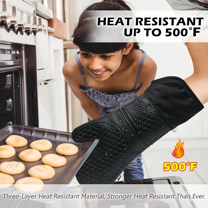 Extra Long Silicone Oven Mitts - Heat Resistant up to 500°F, 15'' Waterproof and Non-Slip Oven Gloves with Soft Quilted Liner - Perfect for BBQ, Cooking, Baking, and Grilling - 1 Pair, Black