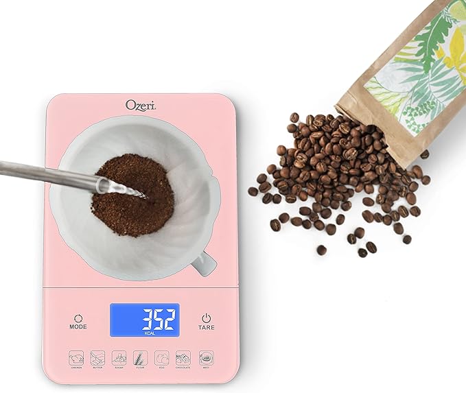 Ozeri Touch III Digital Kitchen Scale with Calorie Counter, 22 lbs (10 kg), Crystal Rose