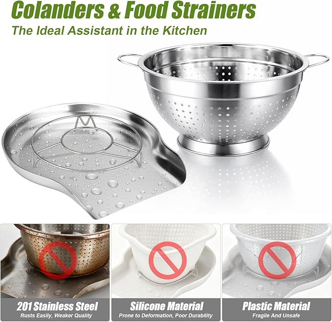 Palksky Stainless Steel Colander Set with Handles & Self-Draining Base, 3 Sizes (7”, 9”, 11”), Heavy Duty Pasta Strainer, Rice & Vegetable Strainer, Countertop Draining System