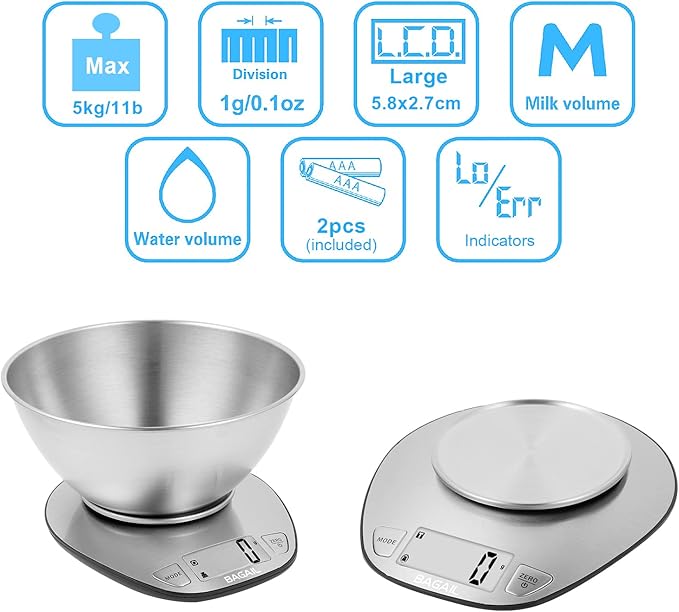 BAGAIL BASICS Digital Kitchen Scale, Large Clear Display, Wet and Dry Food Scale with Stainless Steel Mixing Bowl - 11 lb