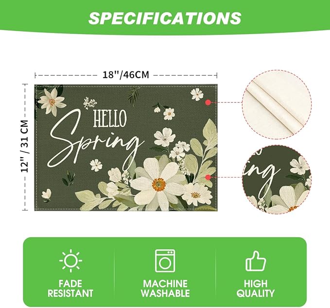 Artoid Mode Daisy Flowers Hello Spring Placemats Set of 4, 12x18 Inch Seasonal Summer Holiday Table Mats for Party Kitchen Dining Decoration