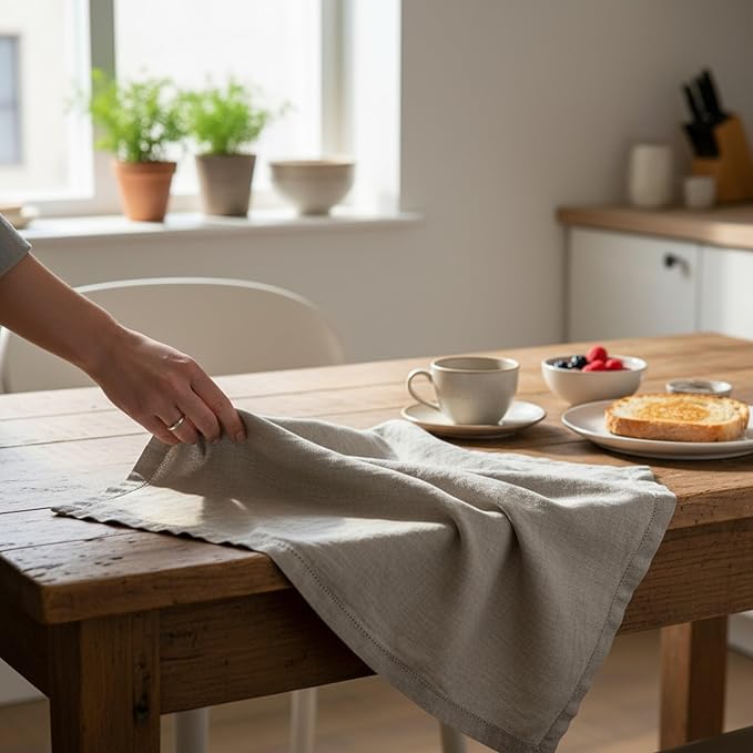 Linen Kitchen Dish Towels – 20” x 27” – 100% Pure Stonewashed Linen Hemstitch Hand Towel/Tea Towel - Set of 2 (Natural)
