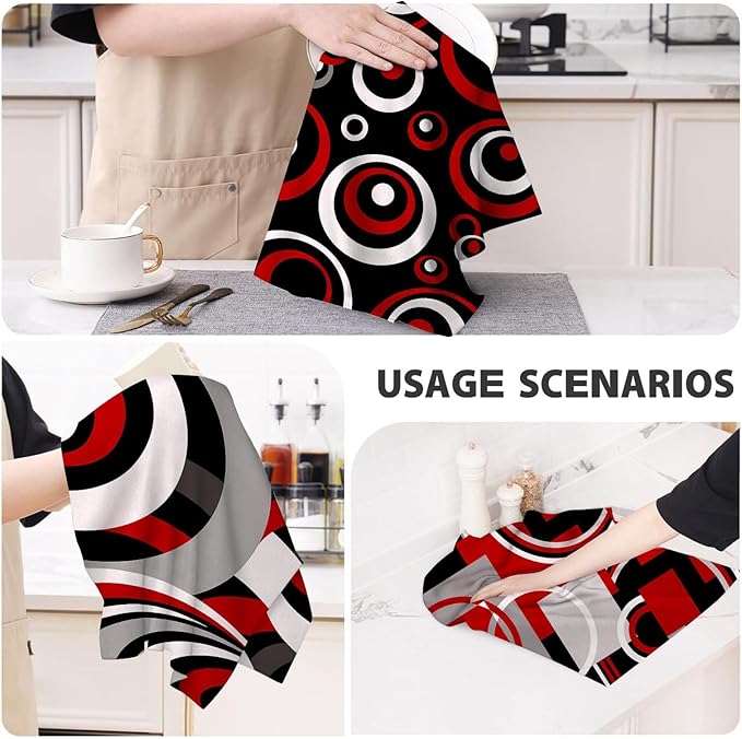 Red Black Grey White Kitchen Dish Towels Set of 4, Soft Absorbent Modern Abstract Decorative Tea Towels for Kitchen, Hand Drying Baking Cooking Cloth 16x24 Inch
