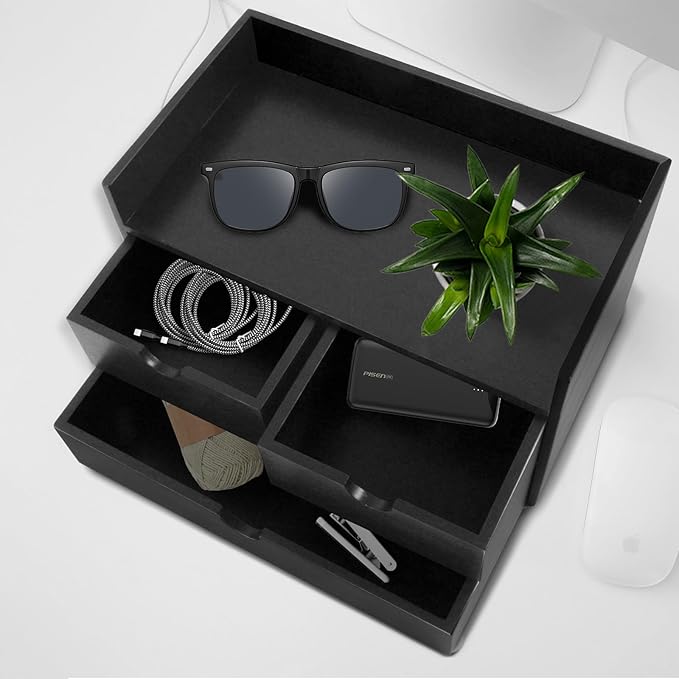 Charmewooden Bamboo Desk Organizer 3 Drawer with Shelf, Countertop Organizer with Drawers Makeup Storage Drawer 3 Drawers Tabletop Storage Organization Box Home Office Workspace(Black)