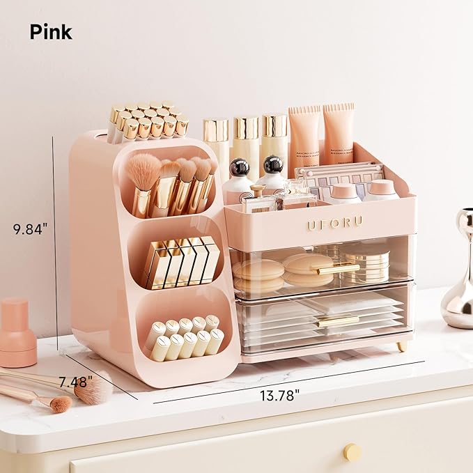 Makeup Organizer for Vanity with Brush Holder, Large Plastic Bathroom Countertop Skincare Organizer with 2 Drawers, Spacious Cosmetic Display Case for Perfumes, Eyeshadow Palettes, Nail Polishes
