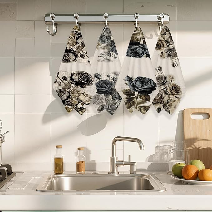4 Pcs Black Rose Kitchen Towels, Dark Aesthetic Decorative Absorbent Microfiber Dish Cloth Tea Towel, Vintage Waffle Soft Hand Towels for Farmhouse Home Bathroom, Rose Gifts