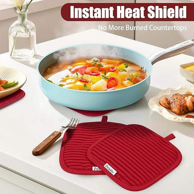 Oven Mitts and Pot Holder Sets with Silicone Grip, 500°F Heat Resistant-6 Pack Dishcloth/Dish Towels for Kitchen 100% Cotton-Value Kitchen Essentials for Cooking, Baking, Grilling-Red