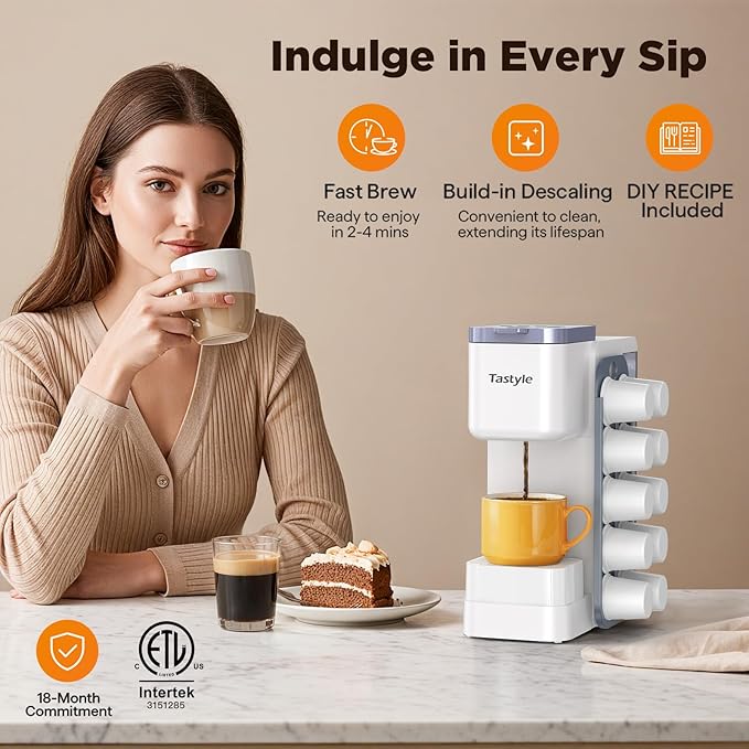 Tastyle Hot & Iced Coffee Maker with Magnetic K-Pod Organizer (Pods Not Included), Stores 10 Pods, 4-5 Cups Coffee Maker & Single-serve Brewer for K Cup & Grounds, 40oz Removable Water Tank, White