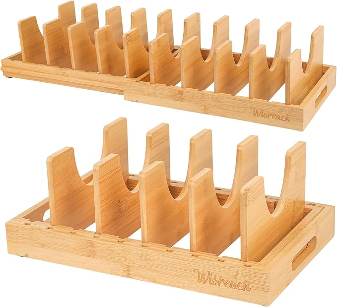 Wisreach Bamboo Pot Lid Organizer, Adjustable Kitchen Organizer for Cabinet, Expandable Pot and Pan Storage Rack, Kitchen Organization for Lids, Bakeware, and Cutting Boards