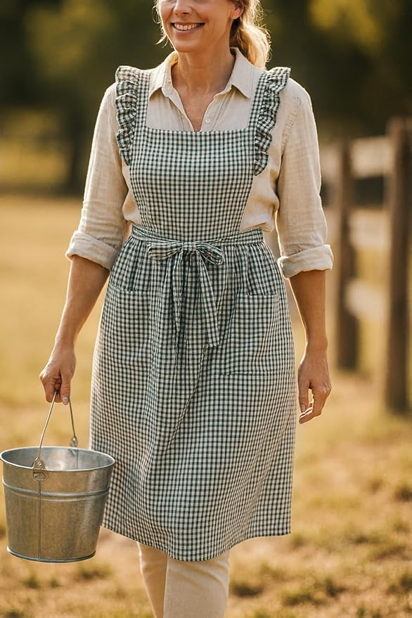Vintage Gingham Apron for Women, Ruffle Straps, 2 Pockets, Soft Cotton, Apron Dress Style for Cooking & Baking