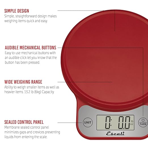 Escali Telero Digital Food Scale, High Precision Kitchen Scale for Cooking, Baking, Portion Control, Meal Prep, Weigh in Grams and Ounces, 11 lb Capacity, Red (T136)