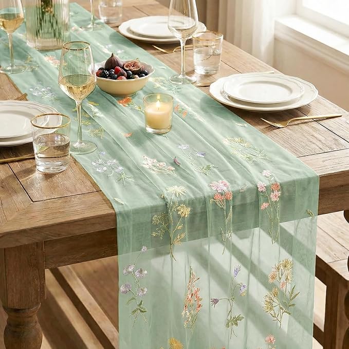 Artoid Mode Wildflower Floral Sage Green Gauze Embroidery Table Runner 120 Inch 10FT, Tulle Seasonal Spring Kitchen Dining Table Decor for Home Party