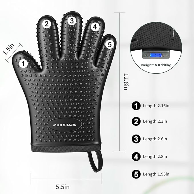 MAD SHARK Silicone Oven Mitts Heat Resistant 450 Degrees,Waterproof & Non-Slip Oven Gloves with Fingers,Cotton Lined Silicone Oven Gloves Kitchen Mitts for Baking Cooking Barbecue,Women,Oven(Black)