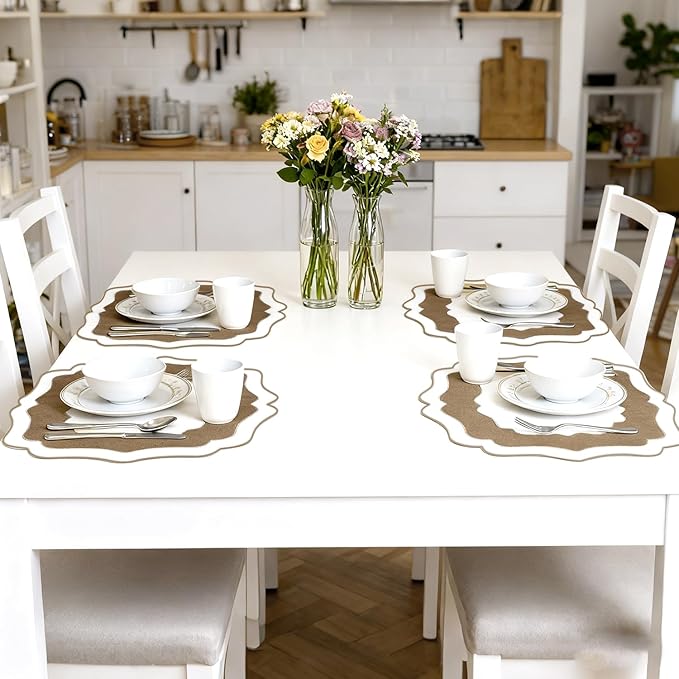 Embroidery Cotton Linen Placemats Set of 4, HADEEONG Table Mats Cloth Placemats, Washable Wrinkle Resistance, Double Layer Scalloped Fabric Placemats, 17.7 x 13.4inch (White with Brown, 4)