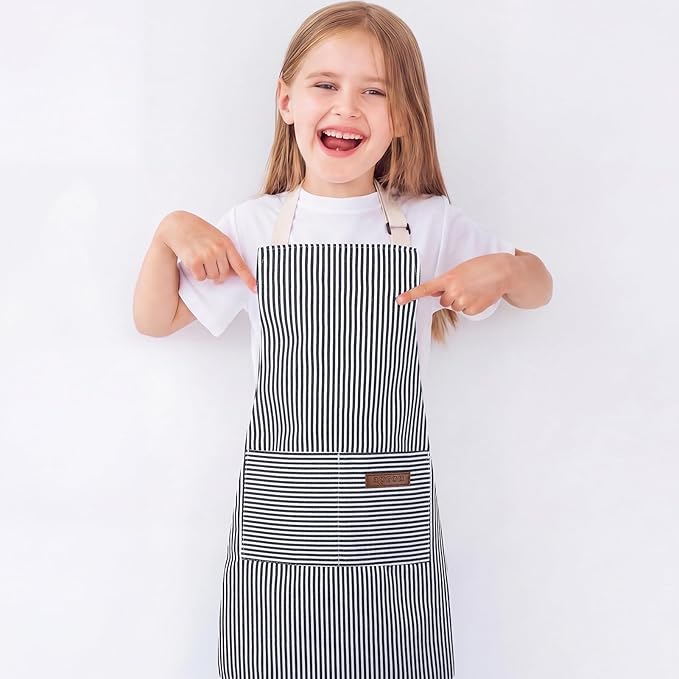 2 Pack Stripes Kids Apron, Kids Cooking Aprons with 2 Pockets, Cute Aprons for Cooking for Boys and Girls