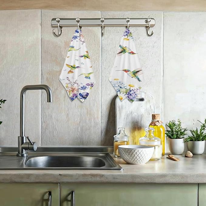 Lovdazzles 2 Pcs Hummingbird Waffle Tea Towels, Soft Absorbent Microfiber Decorative Floral Hand Towels for Kitchen Bathroom, Hummingbird Gifts for Women Spring Party Holiday Supplies