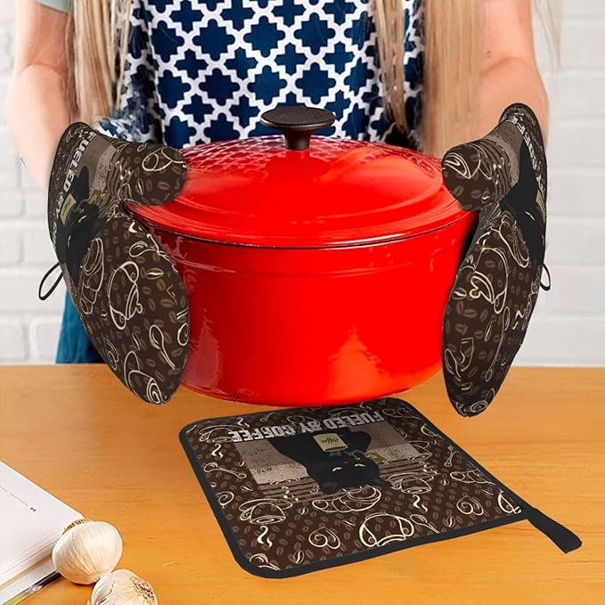 Vintage Cat Oven Mitts and Pot Holders Sets of 3 Retro Coffee Hot Pads Oven Gloves Heat Resistant Non Slip Washable for Kitchen Cooking Grilling Baking