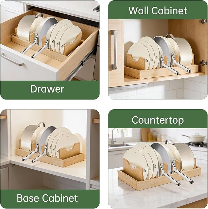 Pan Organizer Compatible with Caraway, Pots and Pans Organizer Under Cabinet, Bamboo Pot Lid Organizers with Adjustable Dividers, U-Shaped Lid Slots, Ideal for Kitchen Countertop and Cabinet Storage