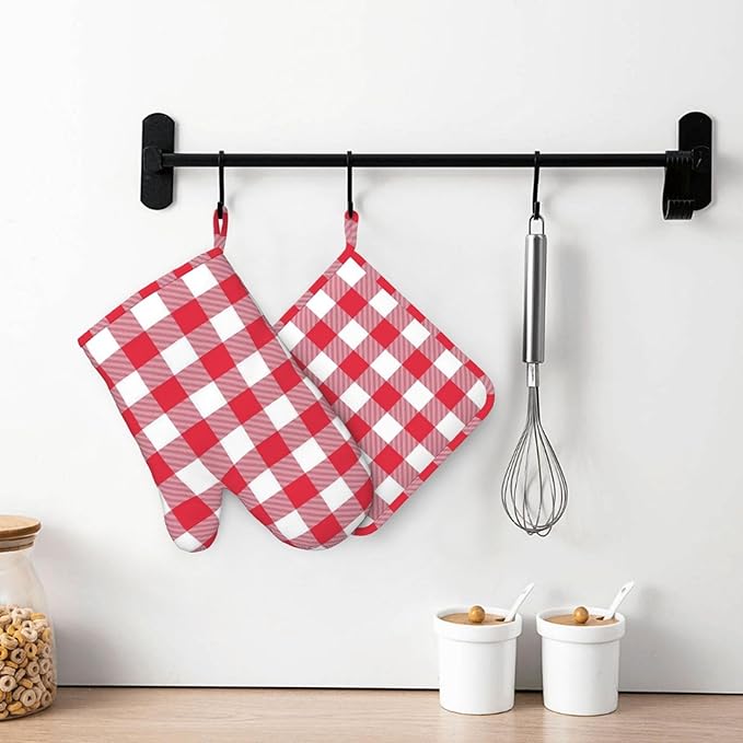 Red and White Checkered Oven Mitts and Pot Holders Set, 4pcs Red and White Plaid Silicone Oven Glove for Kitchen Heat Resistant Oven Mitts and Potholders Non-Slip for Cooking