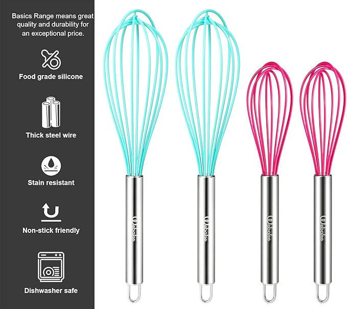 Webake 8 Inch and 10 Inch Silicone Whisk Set of 4, Egg Beater Whisk Balloon Egg Sauce Whisk with 6 Wires, French Whisk Stainless Steel Mini Silicone Whisk for Nonstick Cookware,Solid Color